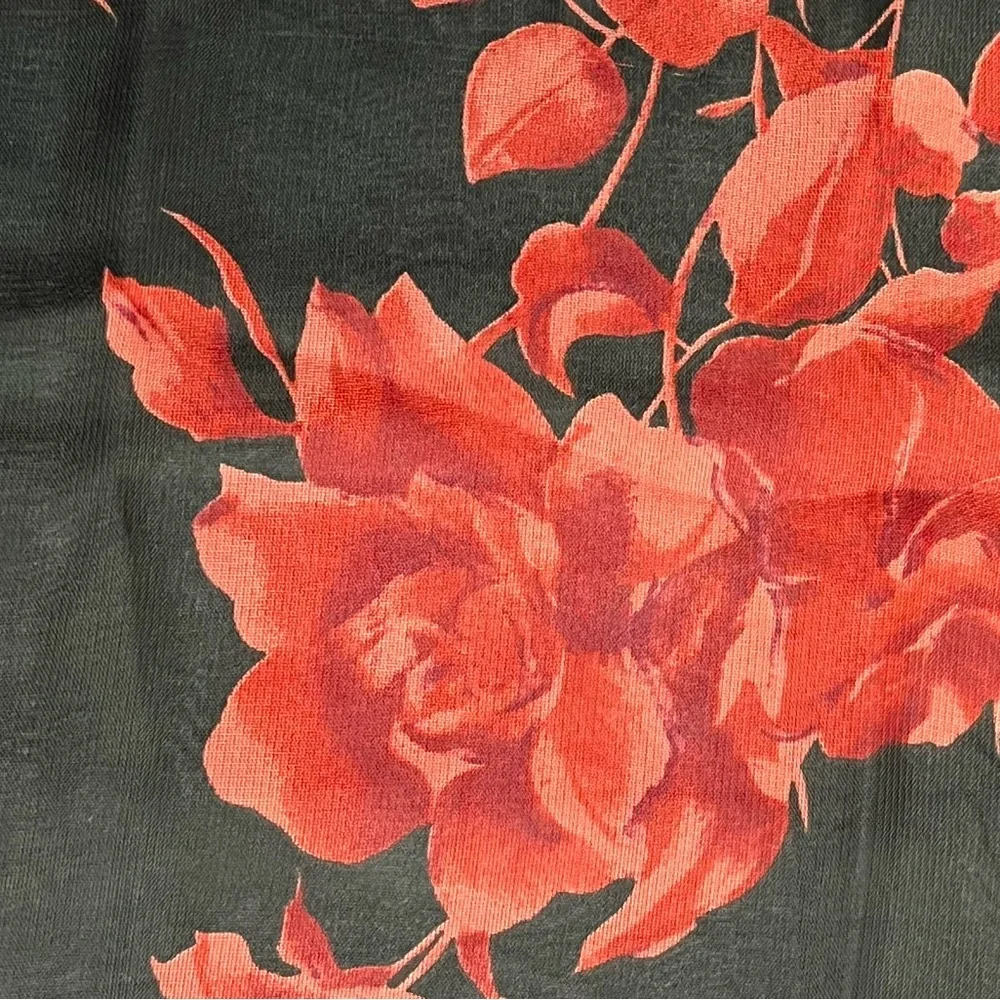 Vintage Black Red Roses Floral Sheer Nylon Scarf